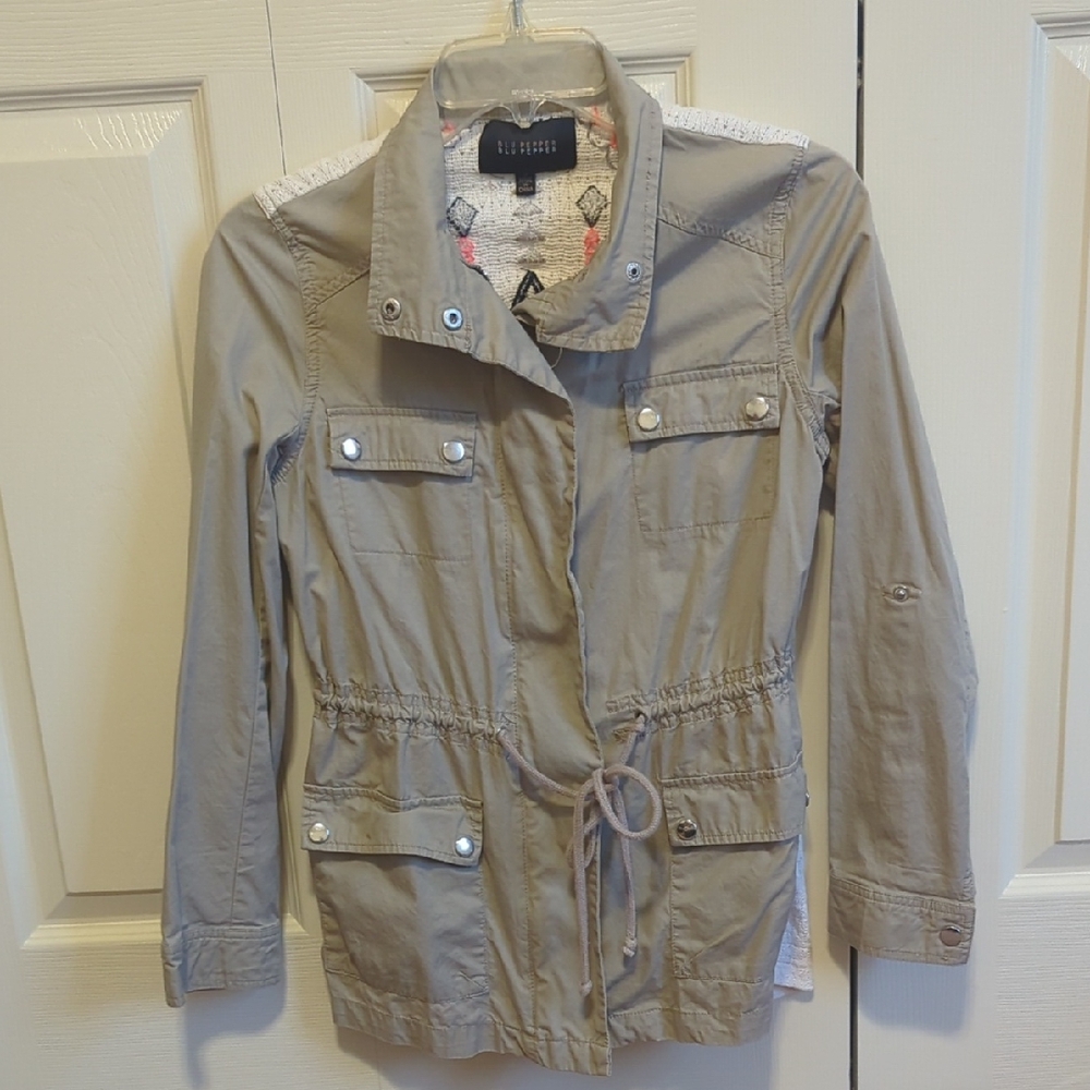 Blu Pepper Light Taupe/Tan Utility Jacket with Drawstring Waist And Detailed Bac